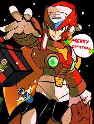Rule 34 | 1boy, absurdres, android, armor, black background, blonde hair, box, chest jewel, christmas, commentary, cowboy shot, danyhu16, english commentary, forehead jewel, gift, gift box, hat, helmet, highres, long hair, male focus, mega man (series), mega man x (series), merry christmas, red armor, red hat, red helmet, santa hat, sigma (mega man), simple background, solo focus, x (mega man), zero (mega man)