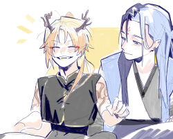 Rule 34 | 2boys, ^ ^, antlers, aoyagi touya, black hair, black jacket, blonde hair, blue hair, blush, closed eyes, closed mouth, commentary, english commentary, gradient hair, grey eyes, grin, horns, jacket, long hair, looking at another, low ponytail, male focus, mole, mole under eye, multicolored hair, multiple boys, notice lines, orange hair, pipi (m1x mix), ponytail, project sekai, sitting, sleeveless, sleeveless jacket, smile, split-color hair, tenma tsukasa, yellow background