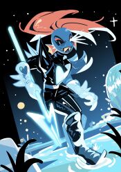 &gt;:) 1girl absurdres armor black_boots black_sclera blue_skin boots breastplate colored_sclera colored_skin eye_trail fins fish_girl full_body gauntlets glowing glowing_weapon gogeyama head_fins highres holding holding_polearm holding_weapon light_trail long_hair looking_at_viewer pauldrons polearm red_hair sharp_teeth shoulder_armor slit_pupils solo spear standing teeth undertale undyne undyne_the_undying v-shaped_eyebrows water waterfall weapon