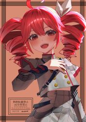 1girl ahoge belt black_belt blush brown_background buttons double-breasted double-parted_bangs drill_hair grey_jacket grey_skirt hair_between_eyes hair_ribbon hand_on_own_chest highres jacket kasane_teto kasane_teto_(sv) long_sleeves looking_at_viewer midriff_peek open_mouth pleated_skirt red_eyes red_hair red_nails red_trim ribbon shoulder_belt shoulder_pads skirt smile solo striped_clothes striped_jacket striped_skirt synthesizer_v teeth twin_drills upper_body upper_teeth_only utau white_ribbon yama_narashi