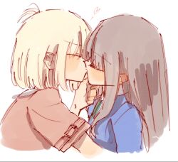Rule 34 | 2girls, black hair, blonde hair, blue shirt, bob cut, closed mouth, commentary request, couple, cropped torso, hair over shoulder, highres, inoue takina, kiss, long hair, lycoris recoil, lycoris uniform, multiple girls, nishikigi chisato, pale color, red shirt, rui rui rui0122, shirt, short hair, short sleeves, simple background, sketch, straight hair, white background, yuri