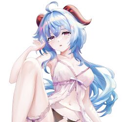 Rule 34 | 1girl, ahoge, bare arms, black panties, blue hair, blush, breasts, cleavage, collarbone, crotchless, crotchless panties, ganyu (genshin impact), genshin impact, hair between eyes, hair intakes, horns, long hair, looking at viewer, medium hair, miyashirokiyu, navel, open mouth, panties, pink negligee, red eyes, sideboob, simple background, sitting, sleeveless, solo, thigh strap, underwear, very long hair, white background