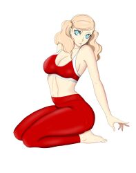 1girl :/ absurdres bare_arms barefoot blonde_hair blue_eyes breasts cleavage closed_mouth curvy earrings full_body highres jewelry kneeling large_breasts lips long_hair nahone_peko navel pants persona persona_5 red_pants red_sports_bra seiza simple_background sitting solo sports_bra stomach stud_earrings takamaki_anne thighs twintails wavy_hair white_background yoga_pants