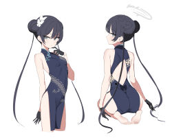 1girl absurdres bare_shoulders black_dress black_hair blue_archive blush breasts butterfly_hair_ornament china_dress chinese_clothes dickbomber double_bun dress grey_eyes hair_bun hair_ornament halo highres kisaki_(blue_archive) long_hair looking_at_viewer small_breasts thighs twintails