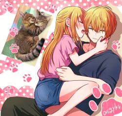 1boy 1girl animal_hands asgykk bare_legs black_pants blonde_hair blue_shirt blue_shorts brother_and_sister cat closed_eyes hair_between_eyes highres hoshino_aquamarine hoshino_ruby incest long_hair open_mouth oshi_no_ko pants photo_background pink_shirt shirt short_hair short_sleeves shorts siblings twins