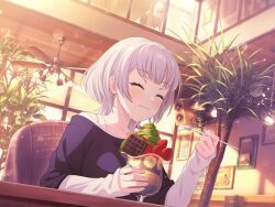 1girl :3 banana banana_slice bang_dream! bang_dream!_it&#039;s_mygo!!!!! black_shirt blush closed_eyes closed_mouth food fruit game_cg holding holding_spoon ice_cream_spoon indoors kaname_raana layered_sleeves long_sleeves matcha_parfait official_art shirt short_hair short_over_long_sleeves short_sleeves sitting sleeves_past_wrists solo spoon strawberry third-party_source white_hair white_shirt wolf_cut