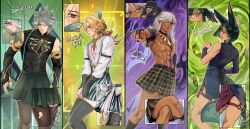 4boys abs absurdres ahoge alhaitham_(genshin_impact) animal_ear_fluff animal_ears arm_strap armlet artist_name asymmetrical_sidelocks asymmetrical_sleeves back bare_shoulders bishounen black_choker black_gloves black_hair black_nails black_shirt black_sleeves blonde_hair blue_feathers blunt_ends blush book brown_eyes chest_jewel choker closed_mouth compression_shirt crossdressing crossed_legs cyno_(genshin_impact) dark-skinned_male dark_skin detached_sleeves earrings embarrassed english_text feather_hair_ornament feathers feet_out_of_frame fishnet_pantyhose fishnets fox_boy fox_ears fox_tail from_side gem genius_invokation_tcg genshin_impact gloves green_background green_eyes green_gemstone green_hair green_tail grey_hair hair_between_eyes hair_ornament hair_over_one_eye highres holding holding_book jewelry kaveh_(genshin_impact) kneehighs long_hair long_sleeves looking_at_viewer male_focus medium_hair multicolored_eyes multicolored_hair multiple_boys muscular muscular_male nail_polish naya_(onaxart) nipples open_mouth pantyhose partially_fingerless_gloves pectorals plaid_clothes plaid_skirt pointing pointing_at_viewer purple_background red_eyes shirt short_hair short_sleeves signature single_bare_shoulder skirt skirt_tug socks streaked_hair tail teeth thigh_strap thighhighs thighs tighnari_(genshin_impact) toned toned_male tongue topless_male torn_clothes torn_thighhighs upper_teeth_only usekh_collar white_hair white_shirt yellow_background