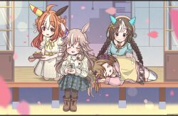 :d ahoge animal_ears arms_up beret blue_sweater blush blush_stickers boots braid brown_boots brown_hair brown_hat brown_pantyhose brown_shirt brown_skirt closed_eyes commentary_request copano_rickey_(umamusume) covering_with_blanket cup double_bun dress green_skirt hair_between_eyes hair_bun hair_intakes hat highres hokko_tarumae_(umamusume) holding holding_cup horse_ears horse_girl horse_tail jacket kneeling letterboxed long_sleeves low_twintails lying multicolored_hair on_side open_clothes open_jacket open_mouth pantyhose petals pink_shirt plaid_clothes plaid_skirt pleated_skirt puffy_long_sleeves puffy_short_sleeves puffy_sleeves purple_eyes rakugakiraid red_eyes shirt short_eyebrows short_sleeves sitting skirt sleeves_past_wrists smart_falcon_(umamusume) smile sweater tail thick_eyebrows twin_braids twintails twitter_username two-tone_hair umamusume veranda white_dress white_hair white_shirt wonder_acute_(umamusume) yunomi