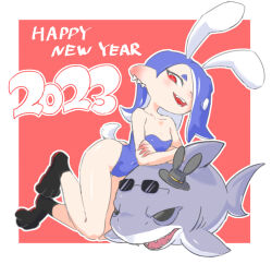 1girl 2023 abe_(pixiv_89244231) ass blue_hair chinese_zodiac collarbone crossed_arms earrings hair_over_one_eye hat jewelry kneeling leaning_forward leotard looking_at_viewer master_mega_(splatoon) multiple_earrings new_year nintendo octoling open_mouth outside_border playboy_bunny rabbit_ears rabbit_paws rabbit_tail red_background red_eyes shiver_(splatoon) smile solo splatoon_(series) splatoon_3 stuffed_animal stuffed_shark stuffed_toy sunglasses_on_head tentacle_hair tooth_earrings year_of_the_rabbit