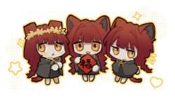 3girls :3 :d animal_ears black_cape black_robe braid cape cat_ears cat_girl cat_tail chibi chibi_only chinese_commentary clone commentary_request d: fata_morgana_no_yakata head_wreath long_hair morgana_(fata_morgana_no_yakata) multiple_girls open_mouth orange_eyes red_hair robe scar scar_on_leg smile tail triangle_mouth twin_braids very_long_hair white_background yuer6350