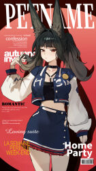 1girl absurdres alternate_costume animal_ear_fluff animal_ears black_bra black_choker blue_jacket blue_skirt blunt_bangs bra choker cropped_jacket fox_ears fox_girl highres hoshimi_miyabi jacket letterman_jacket long_hair looking_at_viewer navel pencil_skirt playing_with_own_hair red_eyes sidelocks skirt solo twintails underwear white_sleeves yuyiosang zenless_zone_zero