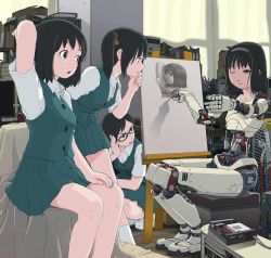 4girls android animated animated_png arm_behind_head arm_up blinking brown_eyes brown_hair easel glasses hairband lowres mechabare modeling multiple_girls one_eye_closed original painting_(action) printing ribbon school_uniform science_fiction short_hair sitting squinting sukabu ugoira
