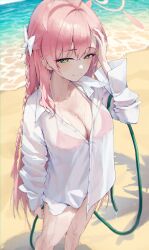 1girl absurdres ahoge bare_legs beach bikini bikini_top_only blue_archive blush bow breasts cleavage collarbone feet_out_of_frame green_eyes hair_bow halo hanako_(blue_archive) hanako_(swimsuit)_(blue_archive) hand_on_own_head highres holding holding_hose hose large_breasts long_braid looking_at_viewer official_alternate_costume outdoors oversized_clothes oversized_shirt pink_bikini pink_hair shirt smile solo standing swimsuit water_drop white_shirt yohwa