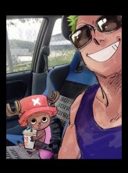 2boys 59feeding56 antlers black_border blue_tank_top border chinese_commentary commentary_request cross cup drinking_straw green_hair highres holding holding_cup horns looking_at_viewer multiple_boys one_piece pink_hair real_life_insert reindeer_antlers roronoa_zoro sitting smile sunglasses tank_top tony_tony_chopper
