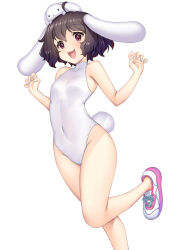 1girl :3 :d ahoge alternate_costume animal_ears bare_shoulders black_hair blush breasts floppy_ears foot_out_of_frame happy hataraki_kuma inaba_tewi leotard medium_breasts open_mouth pink_shoes rabbit_ears rabbit_tail shoes short_hair simple_background smile solo standing standing_on_one_leg tail touhou white_background white_leotard