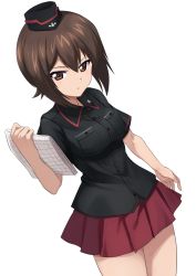 Rule 34 | 10s, 1girl, adapted uniform, ashiwara yuu, black hat, black shirt, brown eyes, brown hair, commentary request, cowboy shot, dress shirt, dutch angle, female focus, garrison cap, girls und panzer, hat, highres, holding, kuromorimine military uniform, looking at viewer, map, military, military hat, military uniform, miniskirt, nishizumi maho, parted lips, pleated skirt, red skirt, shirt, short hair, short sleeves, simple background, skirt, solo, standing, summer uniform, white background