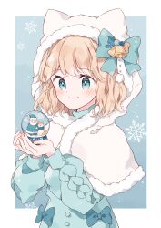 1girl absurdres animal animal_ear_hood aqua_bow aqua_eyes aqua_hat aqua_pants aqua_scarf aqua_sweater aran_sweater beard bell bell_bow blonde_hair blush bow cable_knit capelet capelet_bow choppy_bangs clothed_animal commentary_request dog dot_nose facial_hair fake_animal_ears fur-trimmed_capelet fur_trim gingerbread_man hands_up hat highres holding holding_snow_globe hood hooded_capelet long_sleeves looking_at_object medium_hair mustache napo_(napo_illust) original pants puffy_long_sleeves puffy_sleeves santa_hat scarf shiba_inu smile snow_globe snowflake_print solo sparkle sweater upper_body wavy_hair white_capelet white_hair winter winter_clothes