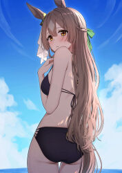 1girl absurdres animal_ears ass bare_shoulders bikini black_bikini blue_sky blush bow braid breasts brown_hair cloud day double-parted_bangs ear_ornament from_behind green_bow hair_bow highres horse_ears horse_girl horse_tail long_hair looking_at_viewer looking_back medium_breasts ocean orange_eyes outdoors parted_lips satono_diamond_(umamusume) sayosayo-0 sky solo swimsuit tail umamusume very_long_hair