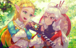 2girls :d black_gloves blonde_hair blue_eyes blue_shirt bodysuit bodysuit_under_clothes chichi_band commentary_request eye_symbol fingerless_gloves forehead_tattoo gloves grey_shirt hair_ornament hair_stick hairclip hyrule_warriors:_age_of_calamity impa long_hair multiple_girls nintendo open_mouth pointy_ears princess_zelda red_eyes sheikah sheikah_slate shirt silver_hair smile the_legend_of_zelda the_legend_of_zelda:_breath_of_the_wild upper_body