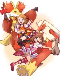 2girls :d ;d bead_necklace beads blaziken blue_eyes brown_hair chitozen_(pri_zen) commentary creatures_(company) delphox earrings eyelashes game_freak gen_3_pokemon gen_6_pokemon hair_ornament hairclip hands_up highres jewelry may_(pokemon) multiple_girls necklace nintendo one_eye_closed open_mouth overskirt pokemon pokemon_(anime) pokemon_(creature) pokemon_journeys serena_(pokemon) shirt shoes short_sleeves shorts shorts_under_skirt smile stick symbol-only_commentary thighhighs twitter_username watermark white_shirt wrist_cuffs