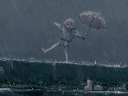 1boy :d absurdres barefoot closed_eyes commentary_request drawstring full_body highres holding holding_umbrella hood hoodie long_sleeves male_focus open_mouth original outdoors outstretched_arms pink_hair rain raito-kun_(uenomigi) short_hair shorts smile solo spread_arms standing standing_on_one_leg uenomigi umbrella v-shaped_eyebrows variant_set white_hoodie white_shorts