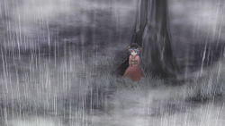 1girl bowl female_focus hat japanese_clothes kimono mini_person minigirl purple_hair rain red_eyes satou_yuuki short_hair solo sukuna_shinmyoumaru touhou tree