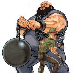 2boys absurdres bald ball_and_chain_(weapon) ball_and_chain_restraint beard black_hair capcom_vs_snk_2 chang_koehan choi_bounge claw_(weapon) facial_hair fat game_cg gloves hat highres holding holding_weapon looking_at_viewer looking_to_the_side male_focus metal_ball multiple_boys muscular muscular_male nishimura_kinu non-web_source official_art open_mouth snk suspenders torn_clothes torn_sleeves weapon