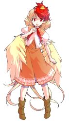 1girl alphes_(style) animal animal_on_head baby_animal bird bird_tail blonde_hair boots brown_boots chick closed_mouth commentary_request dairi dress feathered_wings full_body hand_up highres looking_at_viewer multicolored_hair neckerchief niwatari_kutaka on_head orange_dress parody puffy_short_sleeves puffy_sleeves red_eyes red_hair red_neckerchief shirt short_hair short_sleeves smile solo standing straight-on style_parody tachi-e tail touhou transparent_background two-tone_hair white_shirt wings