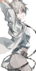 1boy absurdres ameinu animal_ears arms_up belt chain cowboy_shot from_side grey_eyes grey_hair hair_between_eyes highres jacket long_sleeves looking_at_viewer male_focus original pants shirt short_hair smile solo tail white_background