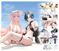 6+girls :d azur_lane beach bellona_(azur_lane) bikini black_bikini black_hair breasts cleavage commentary_request day duca_degli_abruzzi_(azur_lane) foch_(azur_lane) giuseppe_garibaldi_(azur_lane) hat highres horns kneeling knees_up large_breasts legs legs_apart long_hair looking_at_viewer medium_breasts multiple_girls navel ocean ohisashiburi on_ground open_mouth outdoors pink_eyes pink_hair plymouth_(azur_lane) short_hair sitting skindentation slit_pupils smile sun_hat swimsuit thigh_strap thighs ulrich_von_hutten_(azur_lane) white_bikini yellow_eyes