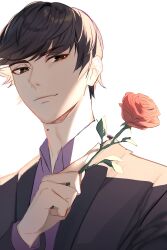 1boy absurdres baxter_ward black_eyes black_hair black_suit collared_shirt flower formal_clothes from_below highres holding holding_flower index_finger_raised looking_at_viewer male_focus mellodrawmatic mole mole_on_neck our_life:_beginnings_and_always promotional_art purple_shirt red_flower red_rose rose shirt sidelighting solo sparkling_eyes suit swept_bangs upper_body white_background