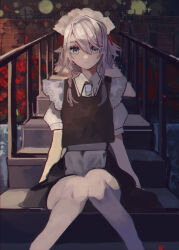 1girl absurdres apron bad_id bad_pixiv_id blue_eyes braid flower gate grey_hair hair_between_eyes highres izayoi_sakuya knees looking_at_viewer maid maid_headdress puffy_short_sleeves puffy_sleeves red_flower red_pupils ribbon shi_chimi short_hair short_sleeves sitting skirt solo stairs touhou twin_braids