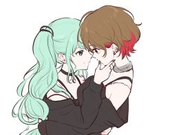 2girls black_choker black_jacket black_nails blue_eyes blue_hair brown_eyes brown_hair choker closed_mouth colored_inner_hair commentary_request ear_piercing grey_choker hand_on_another&#039;s_face hand_on_another&#039;s_waist hatsune_miku jacket long_hair meiko_(vocaloid) multicolored_hair multiple_girls off_shoulder piercing red_hair simple_background smile twintails upper_body vbsmkmi vocaloid white_background yuri