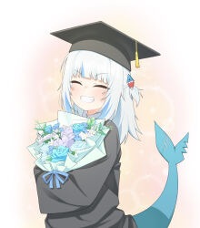 1girl absurdres black_robe blue_flower blue_streaks blunt_bangs blush closed_eyes fins fish_tail flower gawr_gura hair_ornament hat highres holding holding_flower hololive hololive_english mortarboard robe shark_girl shark_hair_ornament shark_tail smile solo tail tassel ugaaaa1 virtual_graduation_commemoration virtual_youtuber white_hair