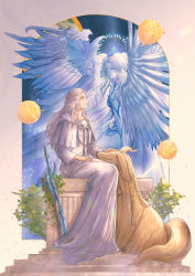 2girls afghan_hound argos_(ff14) artist_name blue_eyes blue_hair blue_skin blue_wings braid capelet closed_eyes collarbone colored_skin commentary dog dual_persona english_commentary final_fantasy final_fantasy_xiv fins from_side full_body hair_ornament half_up_braid half_updo halo halo_behind_head hand_on_own_thigh head_fins head_wings headpiece highres hood hood_down hooded_capelet hydaelyn ivy leaf long_hair long_sleeves looking_afar looking_ahead mask mask_around_neck medium_hair multiple_girls multiple_wings petting profile robe single_braid sitting sky smile star_(sky) starry_sky sword tassel unworn_mask venat_(ff14) water_drop_hair_ornament weapon white_capelet white_hair white_robe wings yil
