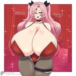 1girl absurdres breasts crysnickel fang female_focus gigantic_breasts green_eyes highres leotard long_hair nicole_demara one_eye_closed pink_hair solo thick_thighs thigh_strap thighhighs thighs zenless_zone_zero
