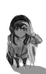 1girl arknights arm_up closed_mouth cobo commentary crazy_smile english_commentary from_above full_body greyscale hair_between_eyes long_sleeves looking_at_viewer medium_hair monochrome pantyhose priestess_(arknights) simple_background sketch smile solo standing staring white_background