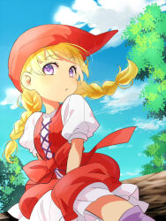 Rule 34 | 1girl, blonde hair, blue sky, blunt bangs, bow, braid, cloud, commentary request, dragon quest, dragon quest xi, dress, floating hair, harachann0524, hat, looking to the side, low twin braids, outdoors, parted lips, puffy short sleeves, puffy sleeves, purple eyes, purple socks, red bow, red dress, red hat, shirt, shirt under dress, short sleeves, sitting, sitting on log, sky, socks, solo, tree, twin braids, veronica (dq11), waist bow, white shirt