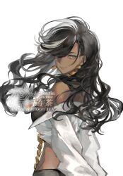 Rule 34 | 1girl, arms behind back, artist request, bare shoulders, black hair, black undershirt, centurion (reverse:1999), closed mouth, commission, dark-skinned female, dark skin, earrings, floating hair, from side, hair over one eye, highres, jewelry, long hair, long sleeves, looking at viewer, midriff, multicolored hair, off shoulder, one eye covered, reverse:1999, second-party source, shirt, smile, solo, streaked hair, upper body, watermark, white background, white hair, white shirt, yellow eyes