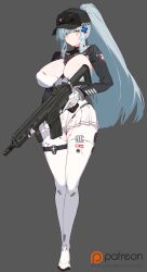 1girl absurdres assault_rifle baseball_cap black_hat black_shirt black_skirt blue_hair breasts cameltoe closed_mouth full_body girls&#039;_frontline girls&#039;_frontline_2:_exilium gloves green_eyes grey_background gun h&amp;k_hk416 hair_ornament hairpin hashtag-only_commentary hat highres hk416_(girls&#039;_frontline) holding holding_gun holding_weapon klukai_(girls&#039;_frontline_2) klukai_(speed_star)_(girls&#039;_frontline_2) large_breasts leotard long_hair long_sleeves looking_at_viewer ponytail rifle shirt sidelocks simple_background skirt smile standing weapon white_gloves white_leotard white_skirt yanje