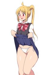 Rule 34 | 1girl, ahoge, blonde hair, blue skirt, blush, bocchi the rock!, bow, bowtie, breasts, brown cardigan, cardigan, clothes lift, groin, ijichi nijika, large ribbon, lifting own clothes, looking at viewer, midriff peek, open mouth, panties, pleated skirt, red bow, red bowtie, red eyes, school uniform, shirt, side ponytail, simple background, skirt, skirt lift, small breasts, solo, underwear, wani doriru, wavy mouth, white background, white panties, white shirt