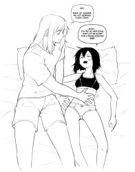1boy 1girl anger_vein bishounen bow bow_panties breasts closed_eyes commentary english_commentary english_text freudian_slip greyscale hand_on_another&#039;s_stomach highres lying medium_hair monochrome on_back open_mouth original panties shirt shorts small_breasts sports_bra t-shirt underwear underwear_only yblndr