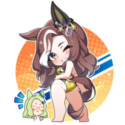 Rule 34 | 2girls, air messiah (umamusume), animal ears, ass, blue eyes, brown hair, commentary request, daring heart (umamusume), ear covers, hair ornament, hairclip, highres, horse ears, horse girl, horse tail, long hair, multicolored hair, multiple girls, one eye closed, single ear cover, swimsuit, tail, two-tone hair, umamusume, warashi