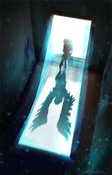 1girl blue_light dark day different_shadow doorway feathered_wings from_above hallway high_contrast indoors light_particles original pants red_sweater shadow signature solo standing sunlight sweater wings wooden_floor zandra