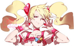 1girl artist_name blonde_hair bow choker closed_mouth clover clover_brooch collarbone commentary_request cure_peach earrings eyelashes floating_hair four-leaf_clover fresh_precure! frilled_shirt frilled_sleeves frills hair_ornament half-closed_eyes hands_on_own_head heart heart_earrings heart_hair_ornament jewelry long_hair looking_at_viewer magical_girl momozono_love pink_bow pink_choker pink_eyes precure puffy_short_sleeves puffy_sleeves ribbon-trimmed_shirt ribbon_trim shirt short_sleeves simple_background smirk solo square_neckline stud_earrings sukehige twintails upper_body watermark wavy_hair white_background white_shirt wrist_bow wristband
