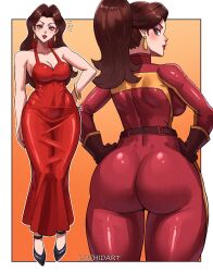1girl ass ass_focus biker_clothes bikesuit blue_eyes blush bodysuit breasts brown_hair dress from_behind gloves high_heels highres huge_ass large_breasts long_hair looking_at_viewer looking_back luchidart mario_(series) mario_kart nintendo pauline_(mario) ponytail sideboob skin_tight smile solo