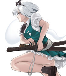 1girl absurdres ass black_bow black_bowtie black_hairband black_ribbon black_socks bob_cut bow bowtie collared_shirt frilled_skirt frills green_skirt green_vest hairband highres hitodama hitodama_print katana konpaku_youmu konpaku_youmu_(ghost) puffy_sleeves ribbon shirt short_hair short_sleeves skirt socks solo sword thighs touhou vest wakizashi weapon weapon_focus white_shirt yuri_kowashi_(tetsukabuto_nuranura)