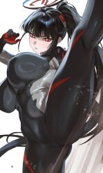1girl absurdres black_bodysuit black_hair blue_archive bodysuit breasts hair_ornament halo high_kick high_ponytail highres kicking large_breasts leg_up long_hair looking_at_viewer parted_lips ponytail red_eyes rio_(blue_archive) rio_(bodysuit)_(blue_archive) sidelocks solo taiyang_yu thigh_strap thighs