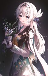 Rule 34 | 1girl, absurdres, black background, black bridal gauntlets, black hairband, black jacket, bridal gauntlets, cropped jacket, detached sleeves, firefly (honkai: star rail), flower, grey hair, hair between eyes, hair ornament, hair ribbon, hairband, highres, holding, holding flower, honkai: star rail, honkai (series), ichizon, jacket, long hair, long sleeves, looking at viewer, multicolored eyes, neckerchief, open mouth, pink eyes, ribbon, shirt, simple background, skirt, sleeveless, sleeveless shirt, smile, solo, undershirt, white flower, white shirt
