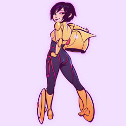 1girl armor armored_boots ass big_hero_6 black_bodysuit black_eyes black_hair bodysuit boots breastplate breasts closed_mouth eyeshadow from_behind full_body gogo_tomago hand_on_own_hip helmet holding holding_helmet ilya_kuvshinov lips lipstick looking_at_viewer looking_back makeup multicolored_hair nose pink_lips purple_background purple_eyeshadow purple_hair red_trim screentones short_hair skin_tight small_breasts smile smirk solo streaked_hair two-tone_hair unworn_headwear unworn_helmet wheel yellow_armor yellow_helmet